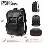 Product dimensions diagram for a black leather backpack, showing the main front view with height, width, and depth measurements, plus side, back, and bottom view insets on a light beige background.