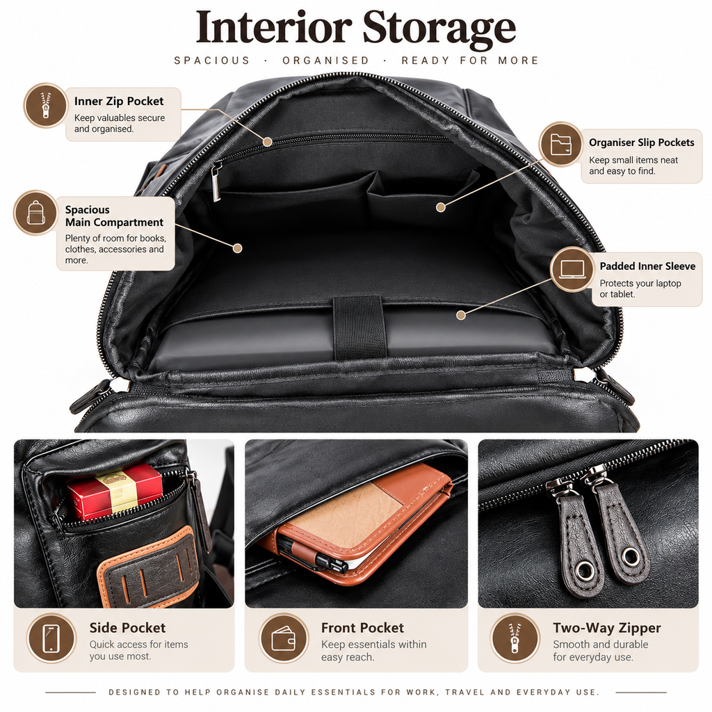 A product infographic for a black leather interior storage bag, showing the main compartment, inner zip pocket, organizer slip pockets, padded inner sleeve, side pocket, front pocket, and two-way zipper details with callout lines and text labels.
