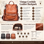 A promotional infographic for a vintage cowhide leather backpack, showing the main brown leather bag with interior pockets, plus smaller color variants and feature callouts on a beige background with decorative text.