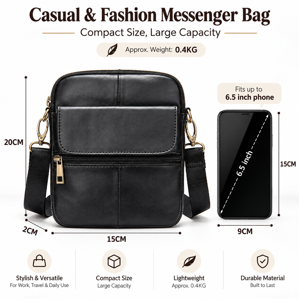 Black faux leather messenger bag with dimension labels showing 15cm width, 20cm height, and 2cm depth, alongside a phone graphic indicating it fits a 6.5-inch screen.