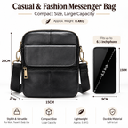 Black faux leather messenger bag with dimension labels showing 15cm width, 20cm height, and 2cm depth, alongside a phone graphic indicating it fits a 6.5-inch screen.