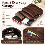 A brown leather smart everyday storage organizer shown in a clean promotional layout with text callouts and inset detail photos. The main product is a zip-around pouch with multiple compartments, displayed holding a power bank, phone, glasses, wallet, and notebook.