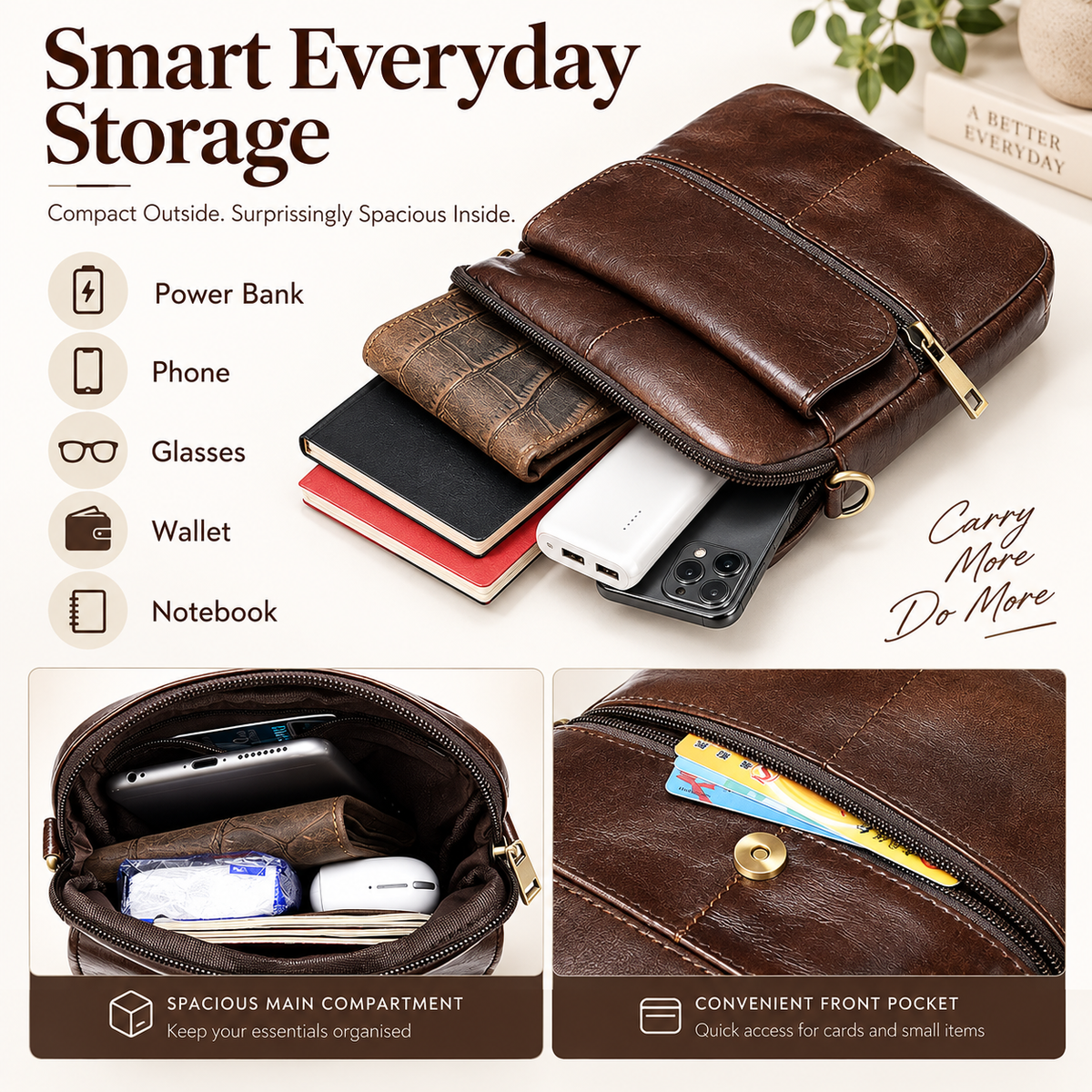A brown leather smart everyday storage organizer shown in a clean promotional layout with text callouts and inset detail photos. The main product is a zip-around pouch with multiple compartments, displayed holding a power bank, phone, glasses, wallet, and notebook.