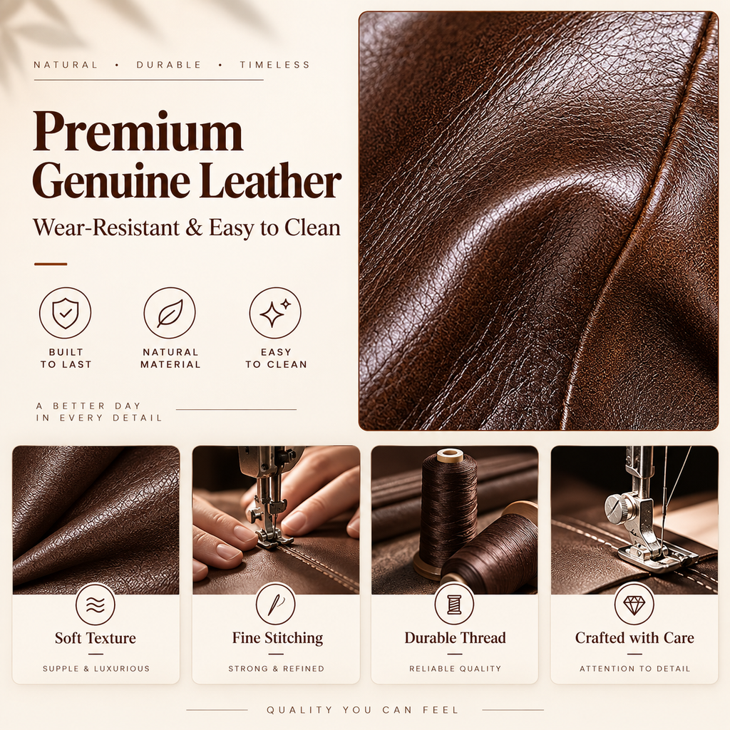 Promotional graphic for premium genuine leather, featuring a large close-up of a rich brown leather texture, text reading 'Premium Genuine Leather,' and five smaller detail panels showing stitching, soft texture, durable thread, and crafted quality.