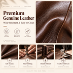 Promotional graphic for premium genuine leather, featuring a large close-up of a rich brown leather texture, text reading 'Premium Genuine Leather,' and five smaller detail panels showing stitching, soft texture, durable thread, and crafted quality.