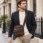 A man wearing a navy blazer, cream sweater, and khaki pants walks on a city street while wearing a brown leather crossbody bag with a gold buckle.