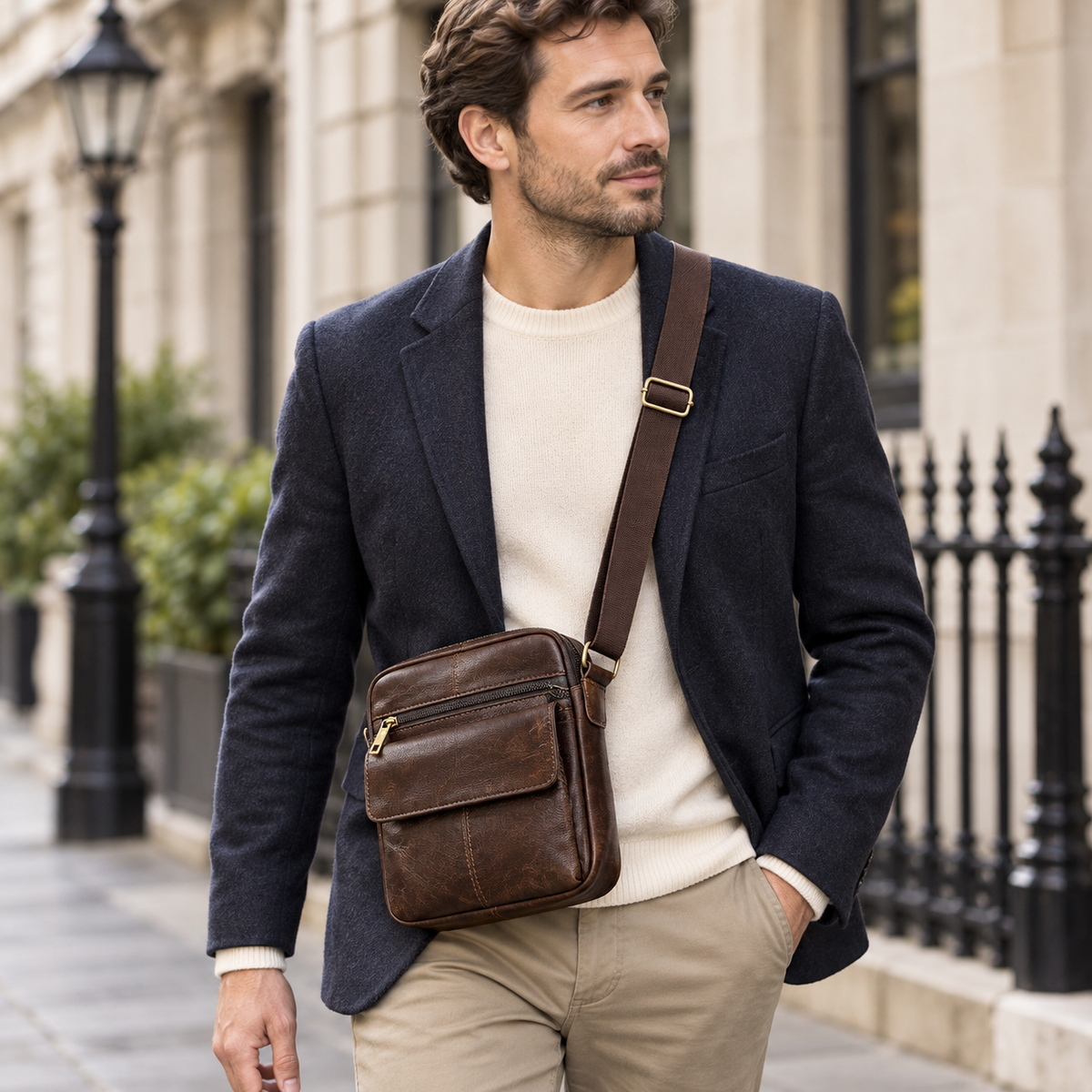 A man wearing a navy blazer, cream sweater, and khaki pants walks on a city street while wearing a brown leather crossbody bag with a gold buckle.