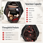 A black zippered cosmetic bag shown in a multi-panel infographic highlighting its spacious interior and thoughtful pockets. The top-left panel shows the bag open, filled with cosmetics and accessories, with text reading 'Spacious Capacity' and a checklist of compatible items.