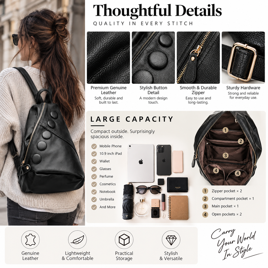 A promotional collage for a black leather backpack. On the left, a woman models the backpack from behind, showing how it fits on the back.