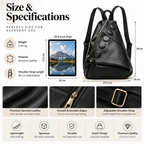Product specifications and dimensions graphic for a black faux leather backpack, showing a 3D model of the backpack on the right with measurements (34 cm height, 23.5 cm width, 14 cm depth), an iPad mockup indicating 10.