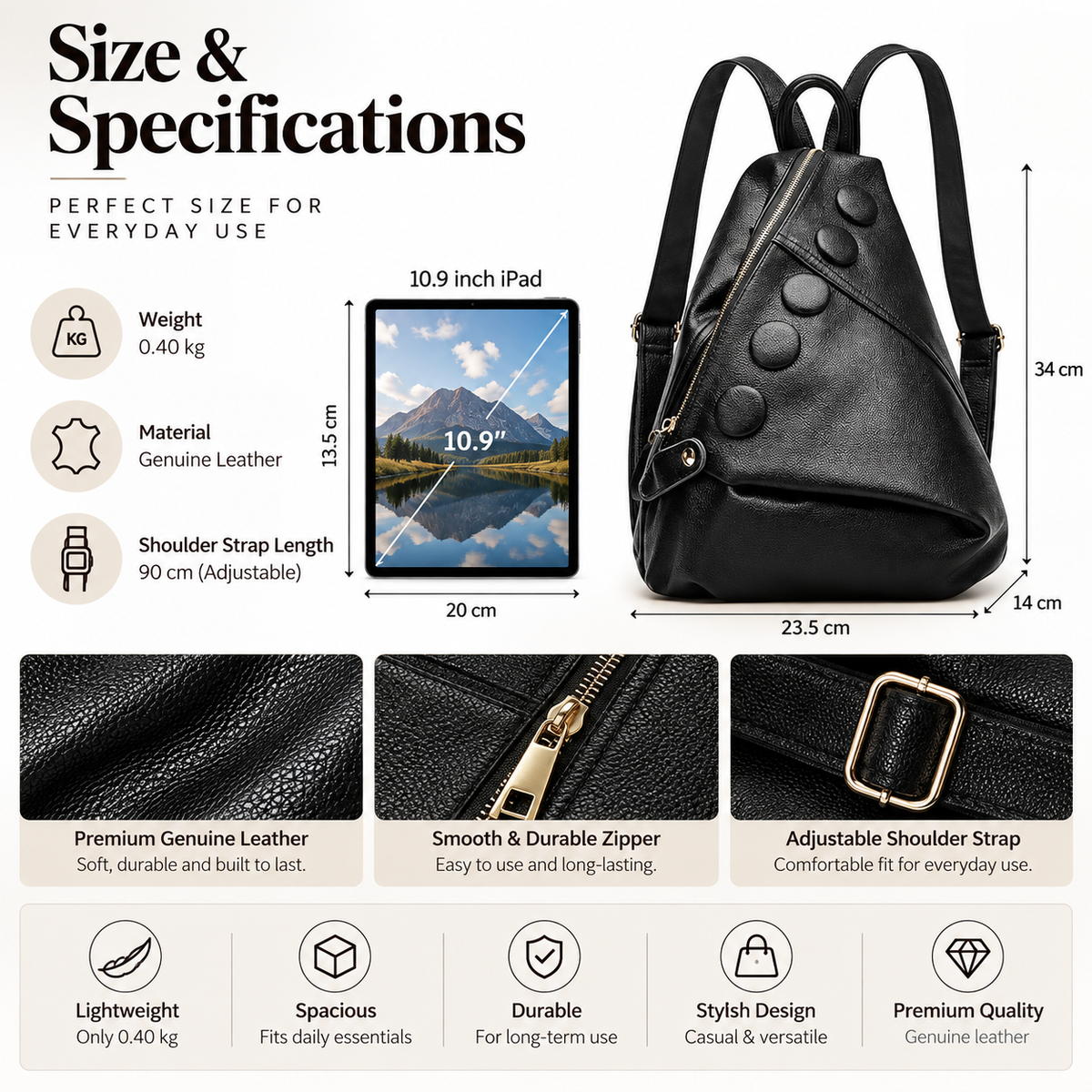 Product specifications and dimensions graphic for a black faux leather backpack, showing a 3D model of the backpack on the right with measurements (34 cm height, 23.5 cm width, 14 cm depth), an iPad mockup indicating 10.