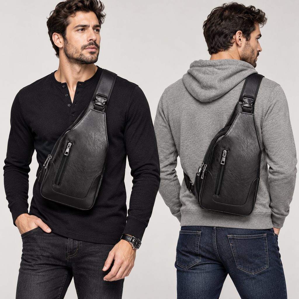 A man modeling a black faux-leather sling bag, shown from both the front and back angles against a light gray studio background.