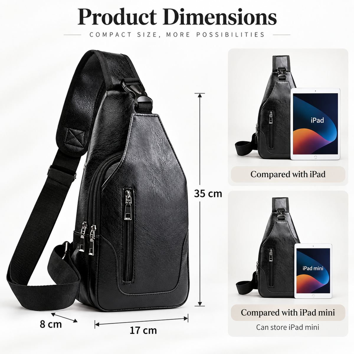 Black sling bag with dimension annotations showing 35 cm height, 8 cm width, and 17 cm depth, plus small comparison insets showing the bag next to an iPad and iPad mini.