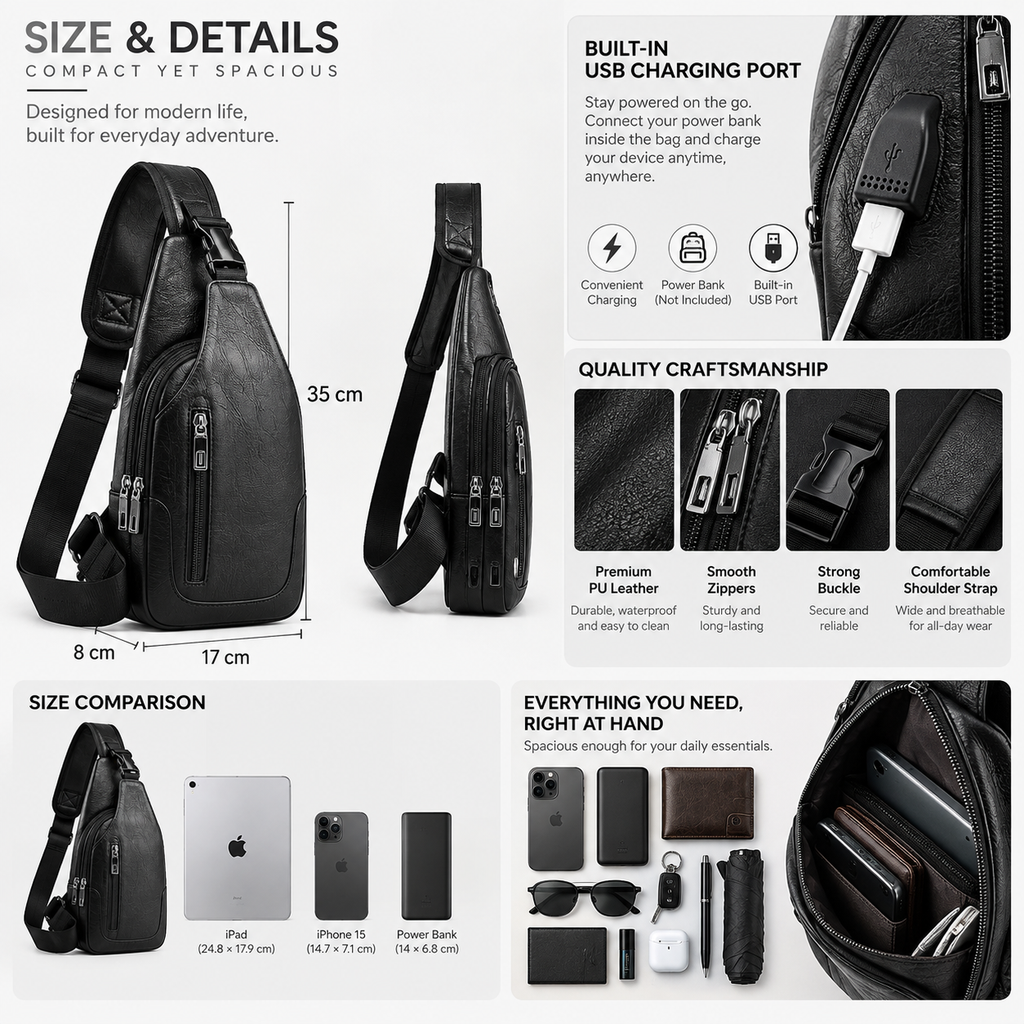 Men’s Vegan Leather Sling Bag – Vintage Crossbody Bag