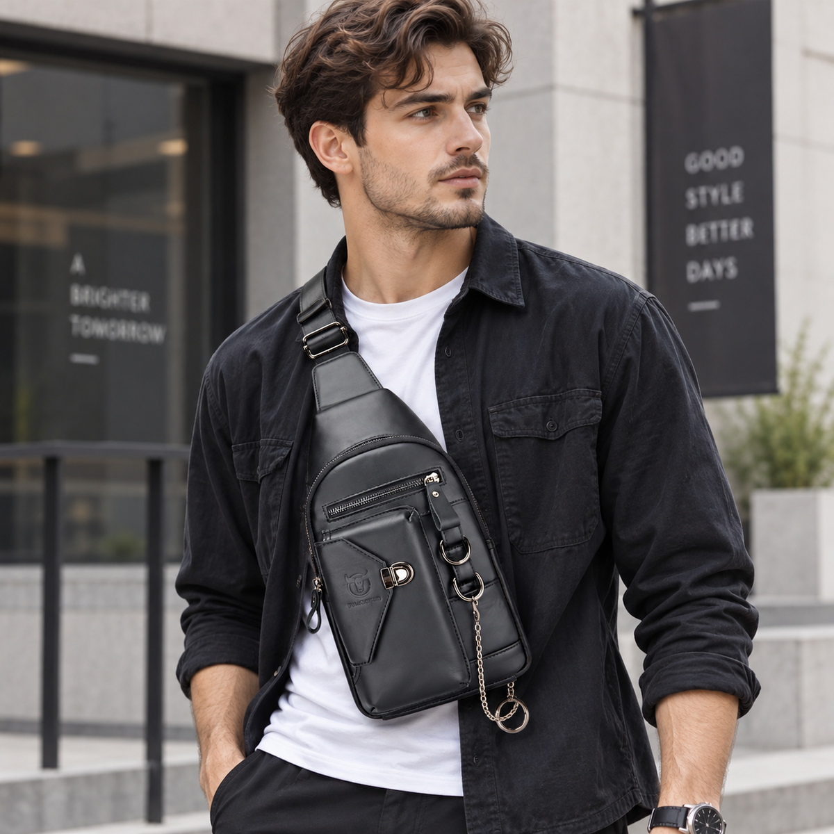 A man wearing a black crossbody sling bag with multiple zippered pockets and a gold-tone chain detail, styled over a white t-shirt and black overshirt in an urban setting.