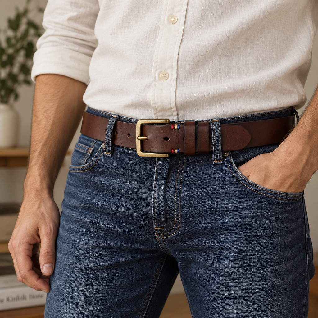 A man wearing a brown leather belt with a gold-tone buckle, tucked into blue jeans and a cream linen shirt.