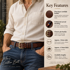 A men's leather belt shown worn with blue jeans and a light beige shirt, alongside a detailed feature panel describing the belt's materials, construction, buckle, and available lengths.