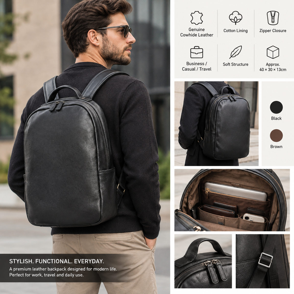 Men’s Cowhide Leather Backpack – Business Laptop Rucksack
