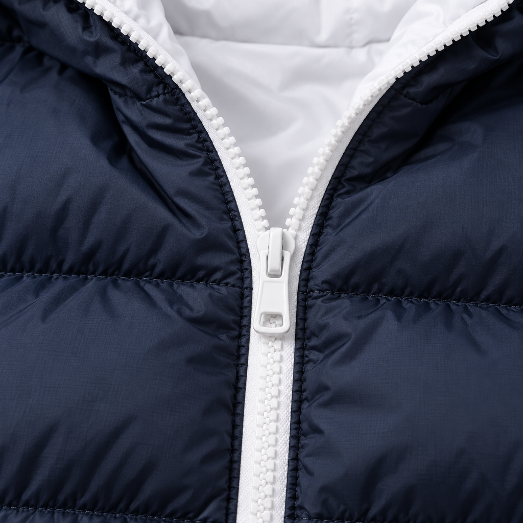 Navy Blue - Close-up of a navy blue puffer jacket with a white zipper and white inner lining.