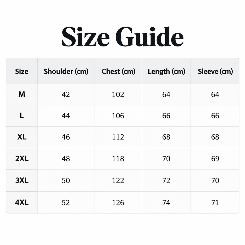 Shared - A size guide table showing measurements in centimeters for sizes M through 4XL, with columns for shoulder, chest, length, and sleeve.