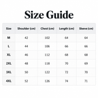 Shared - A size guide table showing measurements in centimeters for sizes M through 4XL, with columns for shoulder, chest, length, and sleeve.
