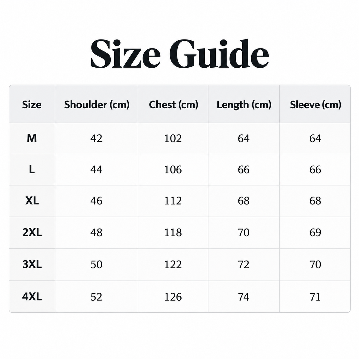 Shared - A size guide table showing measurements in centimeters for sizes M through 4XL, with columns for shoulder, chest, length, and sleeve.