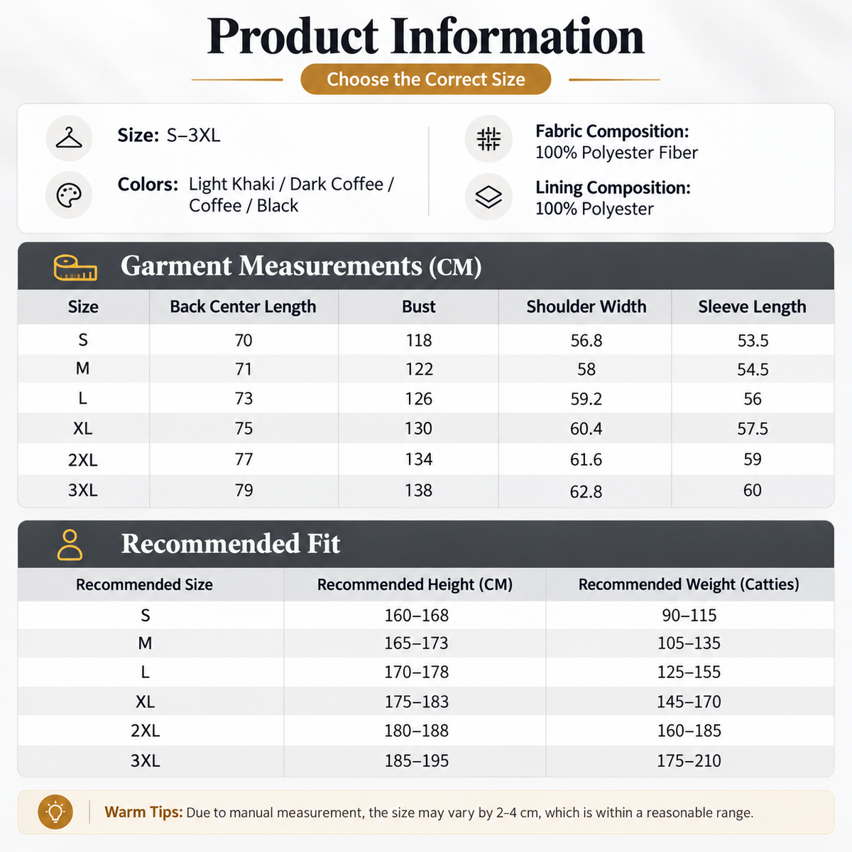 Shared - Product information chart for a pet jacket, showing size options S-3XL, fabric and lining details, garment measurements in centimeters, and a recommended fit table with height and weight guidelines.