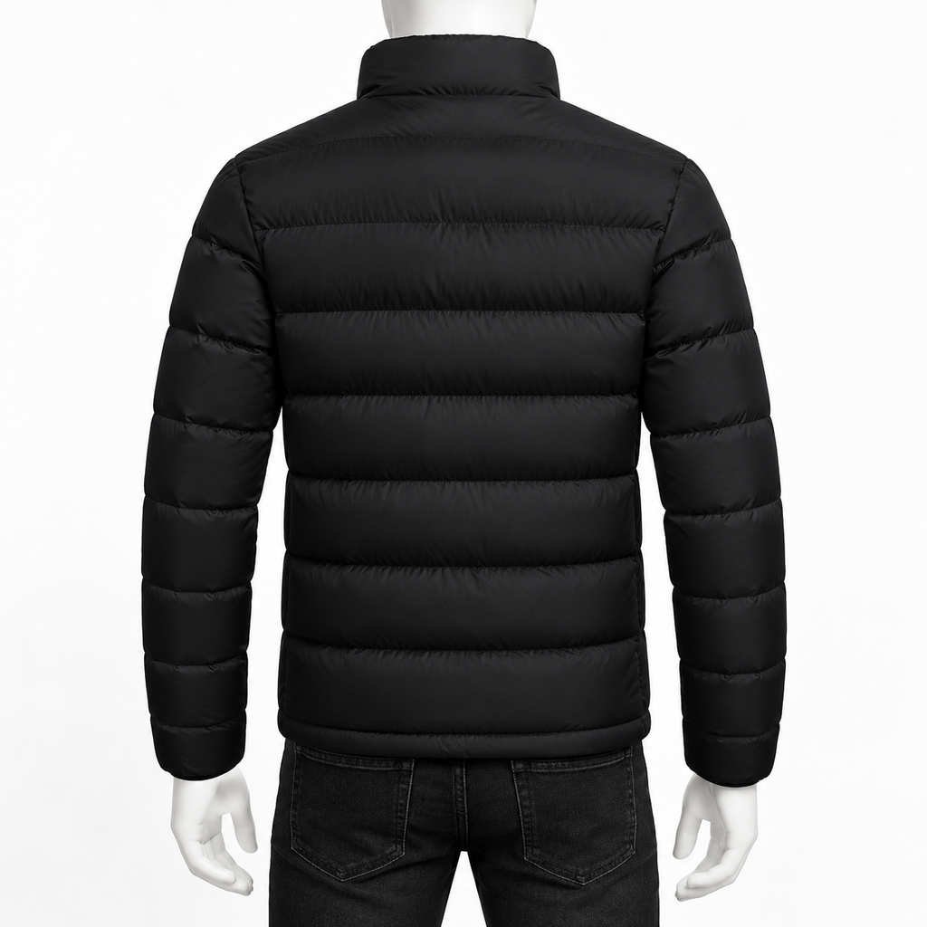 Black - A black puffer jacket shown from the back on a mannequin, featuring horizontal quilting and a stand-up collar, paired with dark jeans against a plain white background.