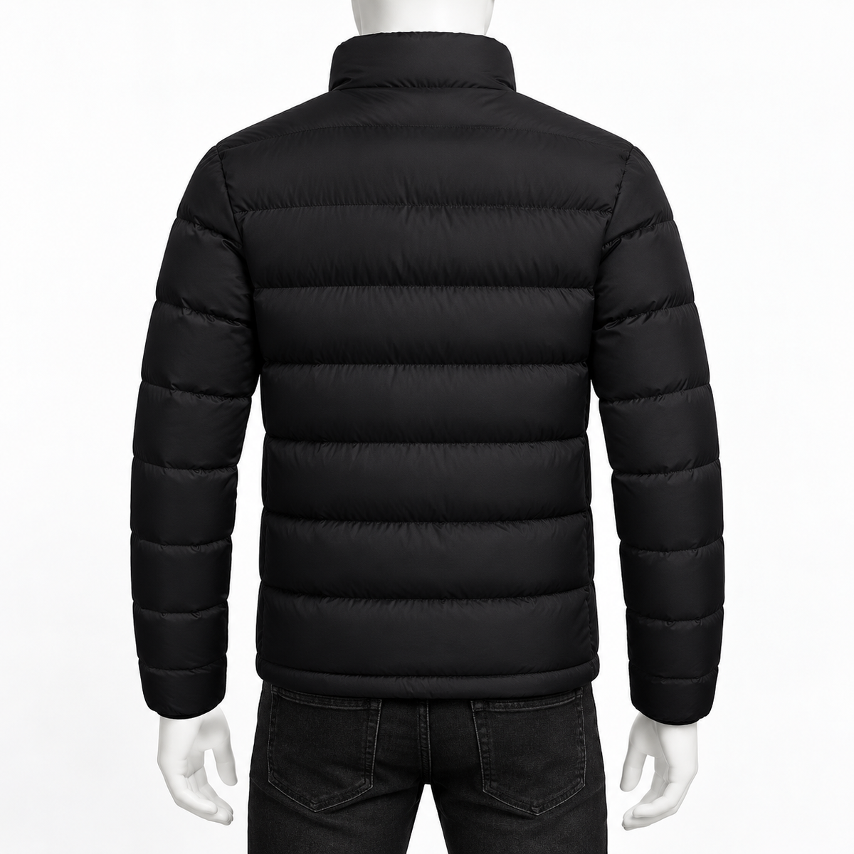 Black - A black puffer jacket shown from the back on a mannequin, featuring horizontal quilting and a stand-up collar, paired with dark jeans against a plain white background.