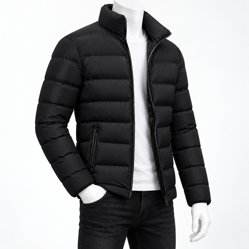 Black - A black puffer jacket with a stand-up collar and front zipper, shown on a white mannequin torso wearing a white shirt and dark jeans against a plain white background.