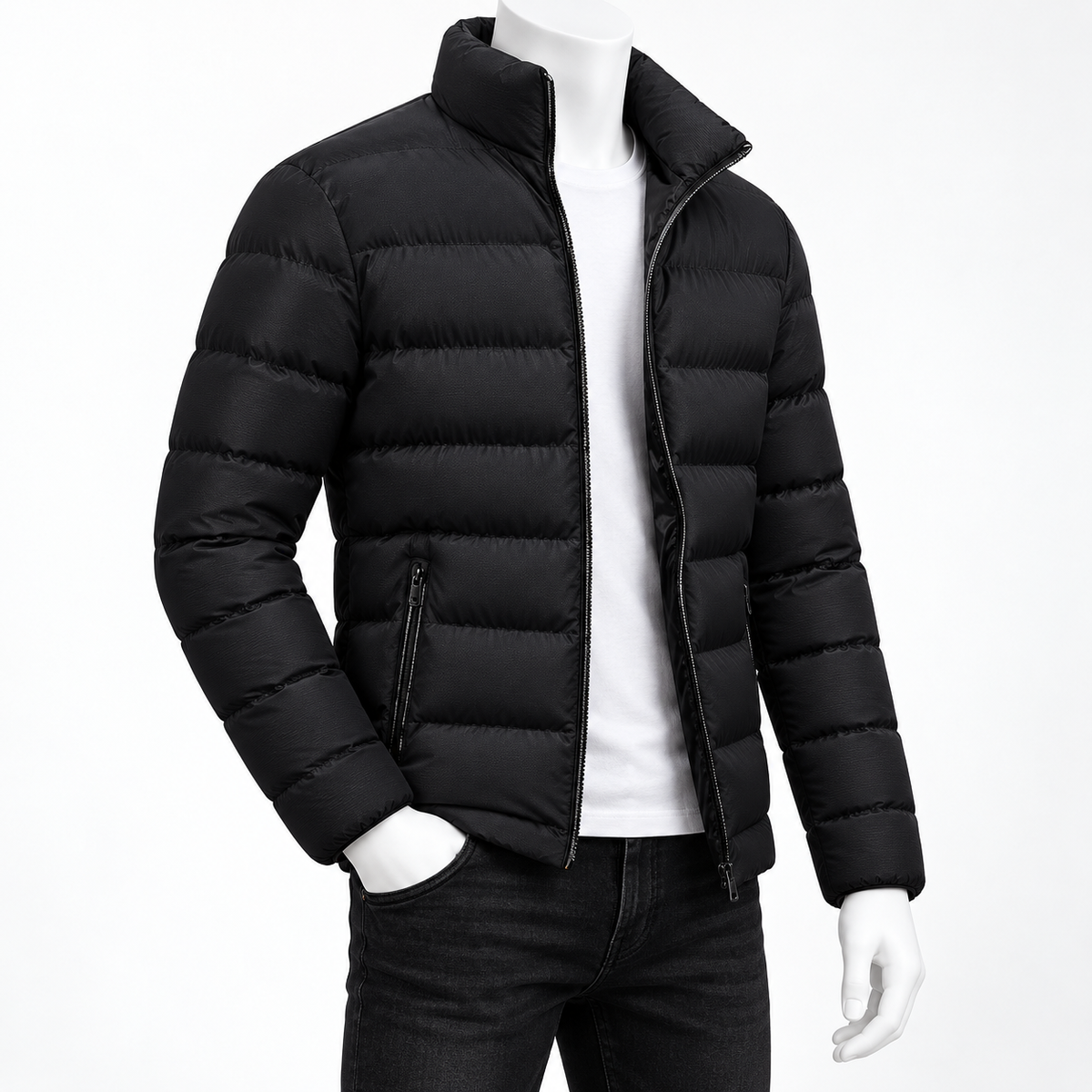Black - A black puffer jacket with a stand-up collar and front zipper, shown on a white mannequin torso wearing a white shirt and dark jeans against a plain white background.