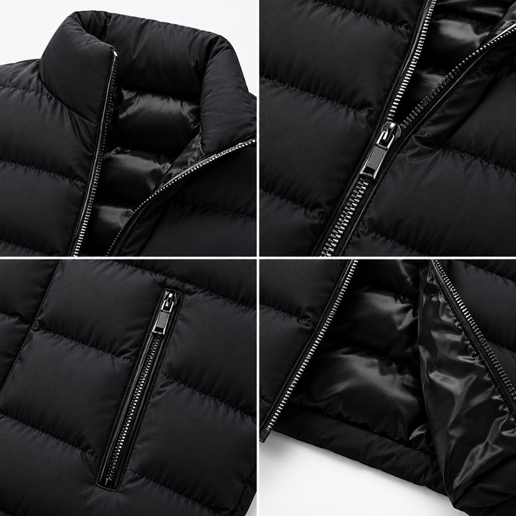 Black - Four-panel close-up collage of a black puffer jacket showing the collar, front zipper, side zip pocket, and interior lining.