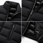 Black - Four-panel close-up collage of a black puffer jacket showing the collar, front zipper, side zip pocket, and interior lining.