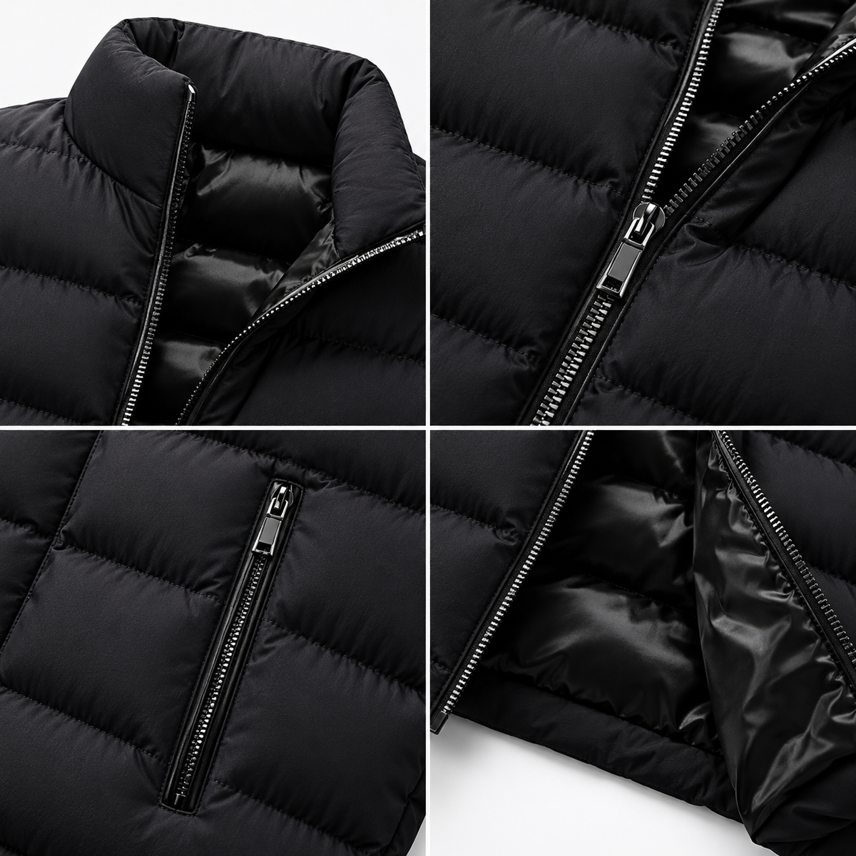 Black - Four-panel close-up collage of a black puffer jacket showing the collar, front zipper, side zip pocket, and interior lining.
