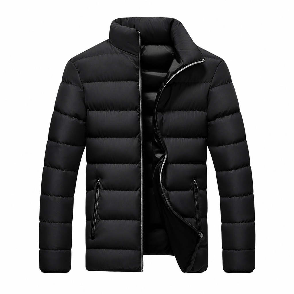 Black - A black men's puffer jacket with a stand-up collar, front zipper, and zippered hand pockets, shown on a plain white background.