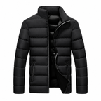 Black - A black men's puffer jacket with a stand-up collar, front zipper, and zippered hand pockets, shown on a plain white background.