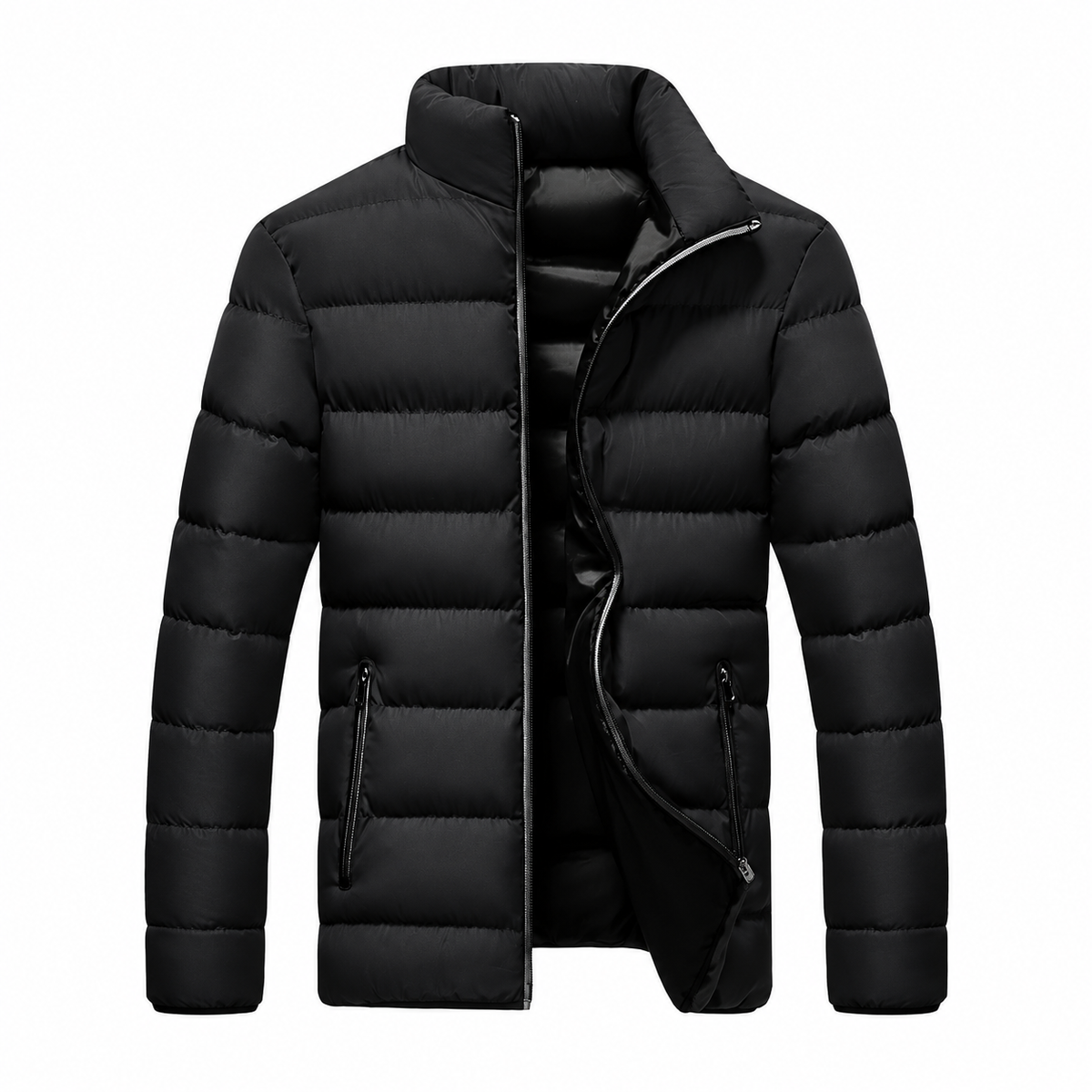 Black - A black men's puffer jacket with a stand-up collar, front zipper, and zippered hand pockets, shown on a plain white background.