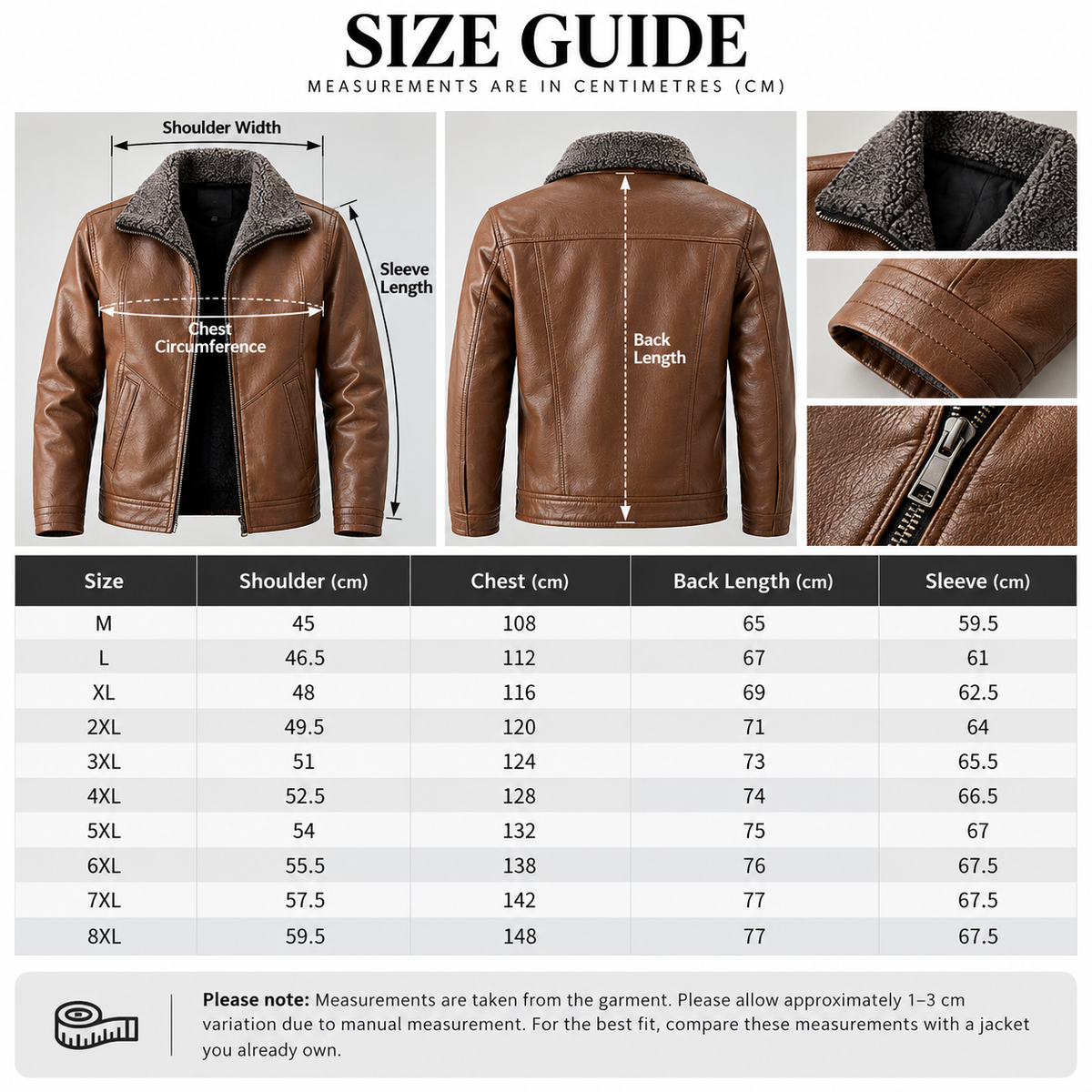 Shared - A size guide infographic for a brown faux-leather jacket with a sherpa collar, showing front and back garment measurements with labeled dimensions, plus a size chart table from M to 8XL and close-up detail photos of the jacket.
