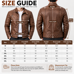 Shared - Brown leather jacket size guide with front and back views of a model wearing the jacket, measurement callouts, and a size chart table listing dimensions for M through 5XL.