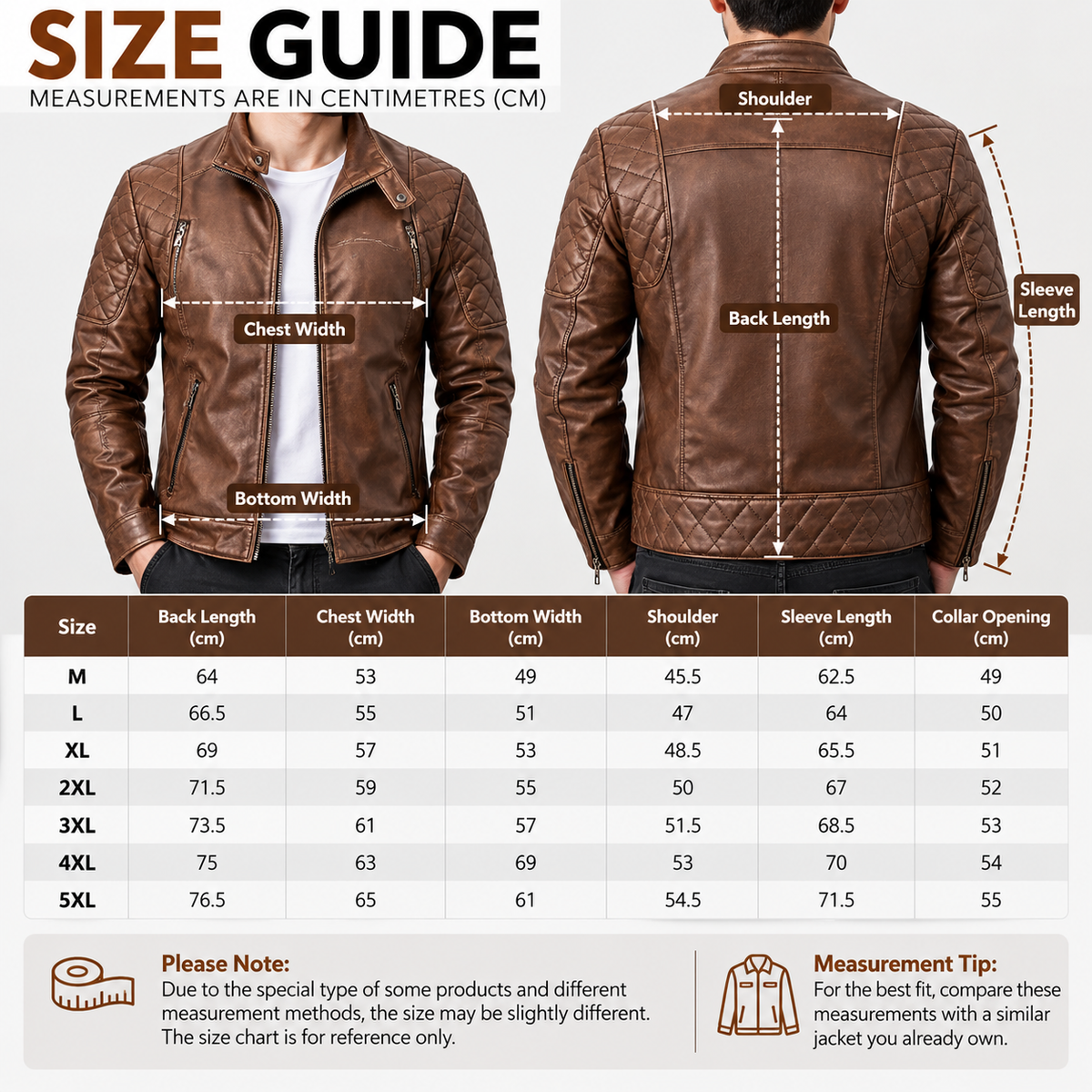 Shared - Brown leather jacket size guide with front and back views of a model wearing the jacket, measurement callouts, and a size chart table listing dimensions for M through 5XL.