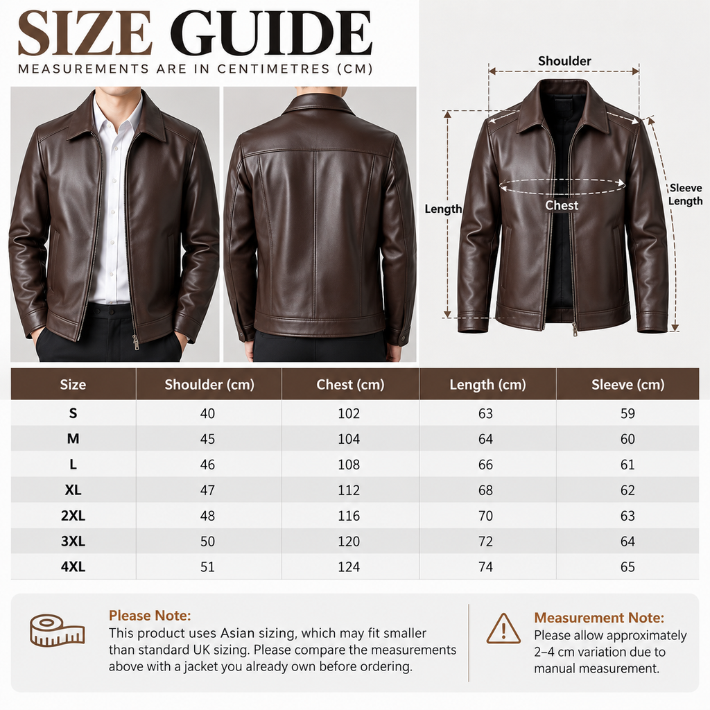 A size guide infographic for a brown leather jacket, showing front and back views of a model wearing the jacket, a detailed front measurement diagram, and a size chart table listing measurements from S to 4XL in centimeters.