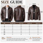 A size guide infographic for a brown leather jacket, showing front and back views of a model wearing the jacket, a detailed front measurement diagram, and a size chart table listing measurements from S to 4XL in centimeters.