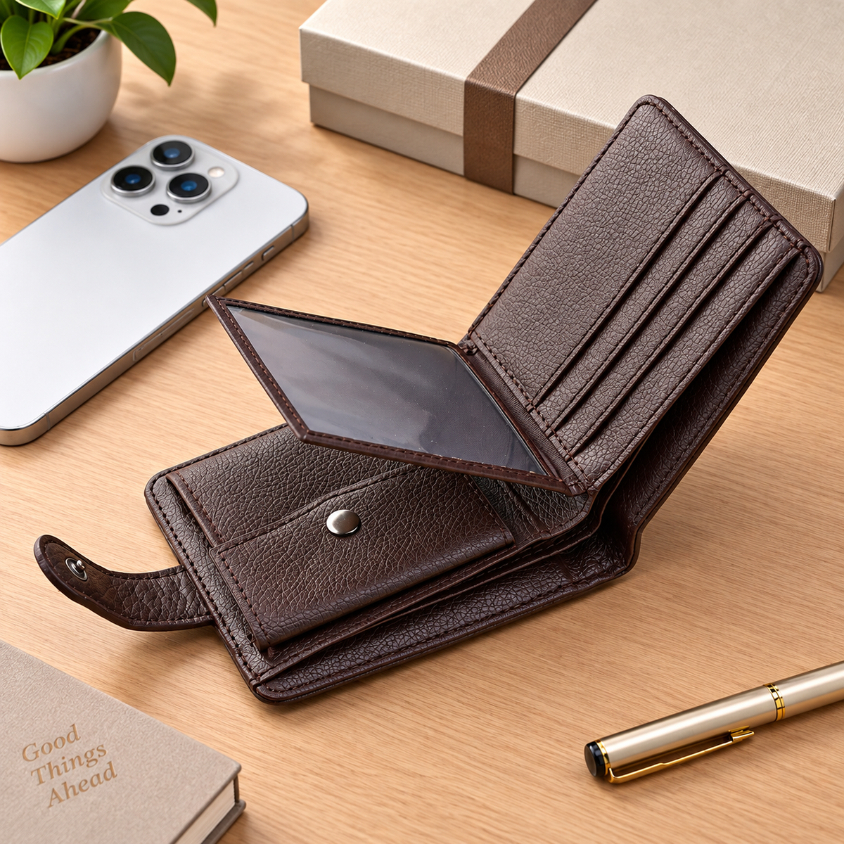 A dark brown textured leather wallet shown open on a wooden desk, with card slots, an ID window, and a snap-button pocket visible. A silver smartphone, gift box, plant, notebook, and gold pen are arranged around it as styled props.