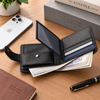 A black textured leather bi-fold wallet shown open on a wooden desk, with cards, cash, a phone, books, and a pen around it.