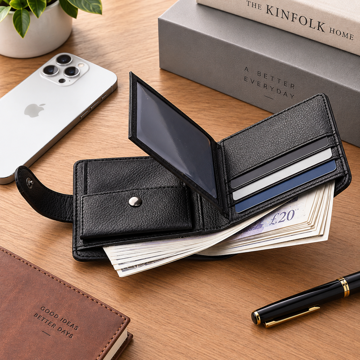 A black textured leather bi-fold wallet shown open on a wooden desk, with cards, cash, a phone, books, and a pen around it.