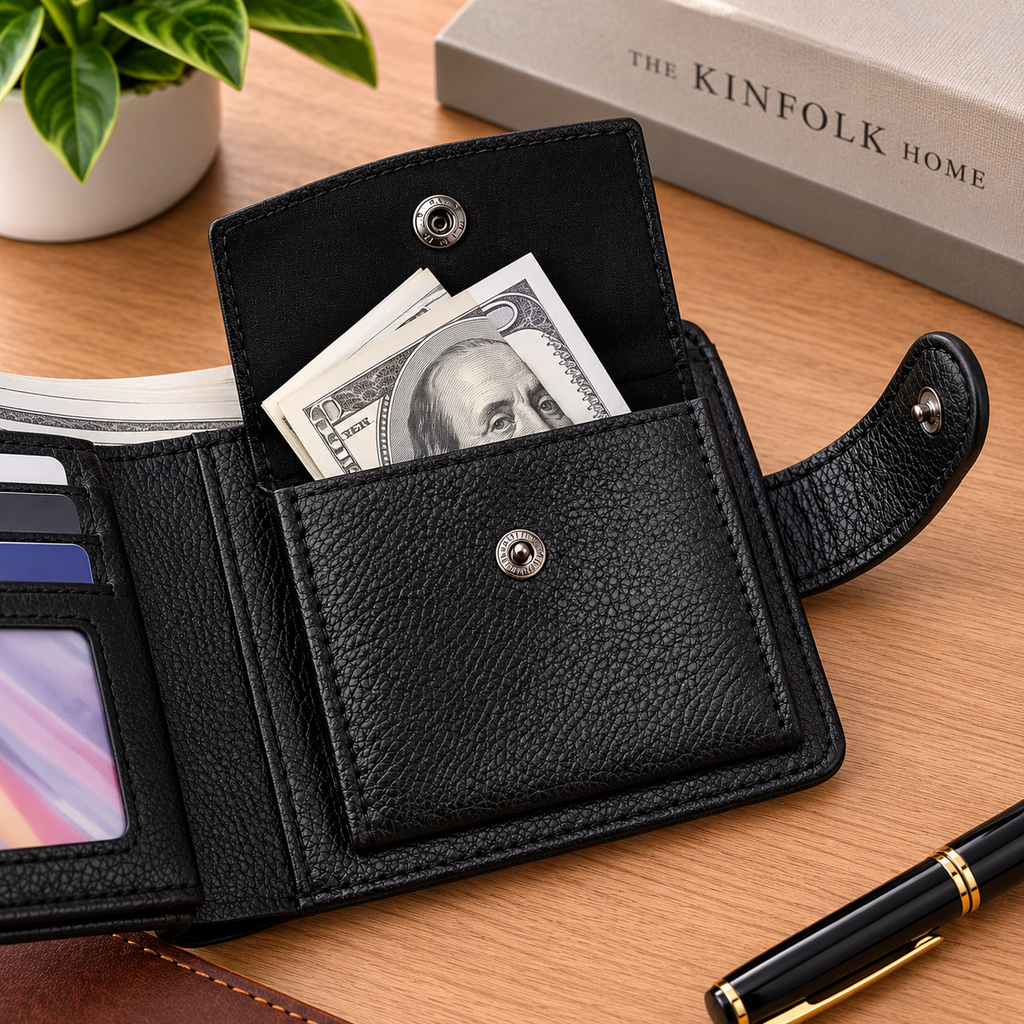 A black textured leather bi-fold wallet shown open on a wooden desk, with cash and cards visible inside. A pen, a small potted plant, and a book are placed around it as styled props.