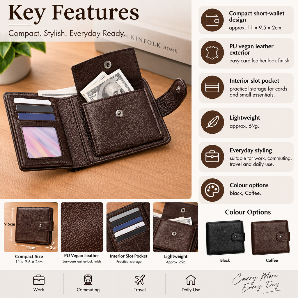 A brown leather keychain wallet shown open with cards and cash inside, alongside feature callouts and color options on a light beige background. The image includes text such as 'Compact short-wallet design,' 'PU vegan leather exterior,' 'Interior slot pocket,' 'Lightweight,' and 'Colour options: black, coffee.