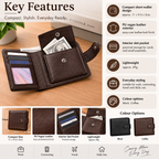 A brown leather keychain wallet shown open with cards and cash inside, alongside feature callouts and color options on a light beige background. The image includes text such as 'Compact short-wallet design,' 'PU vegan leather exterior,' 'Interior slot pocket,' 'Lightweight,' and 'Colour options: black, coffee.