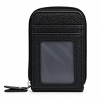 A black pebbled leather zippered card holder wallet with a clear ID window, shown on a plain white background.