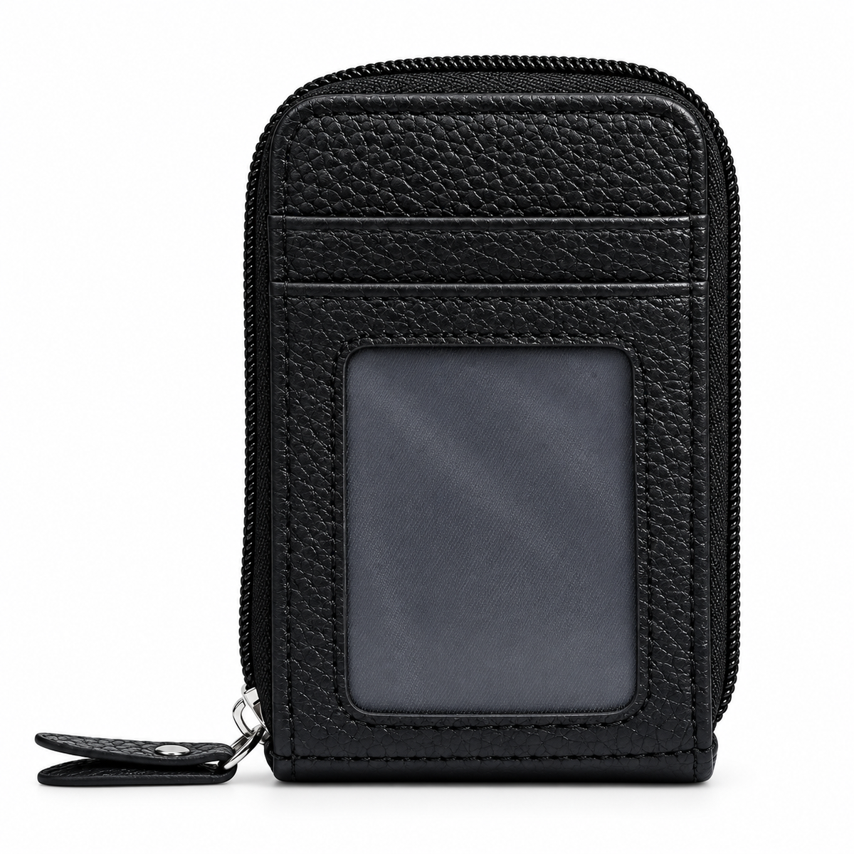 A black pebbled leather zippered card holder wallet with a clear ID window, shown on a plain white background.